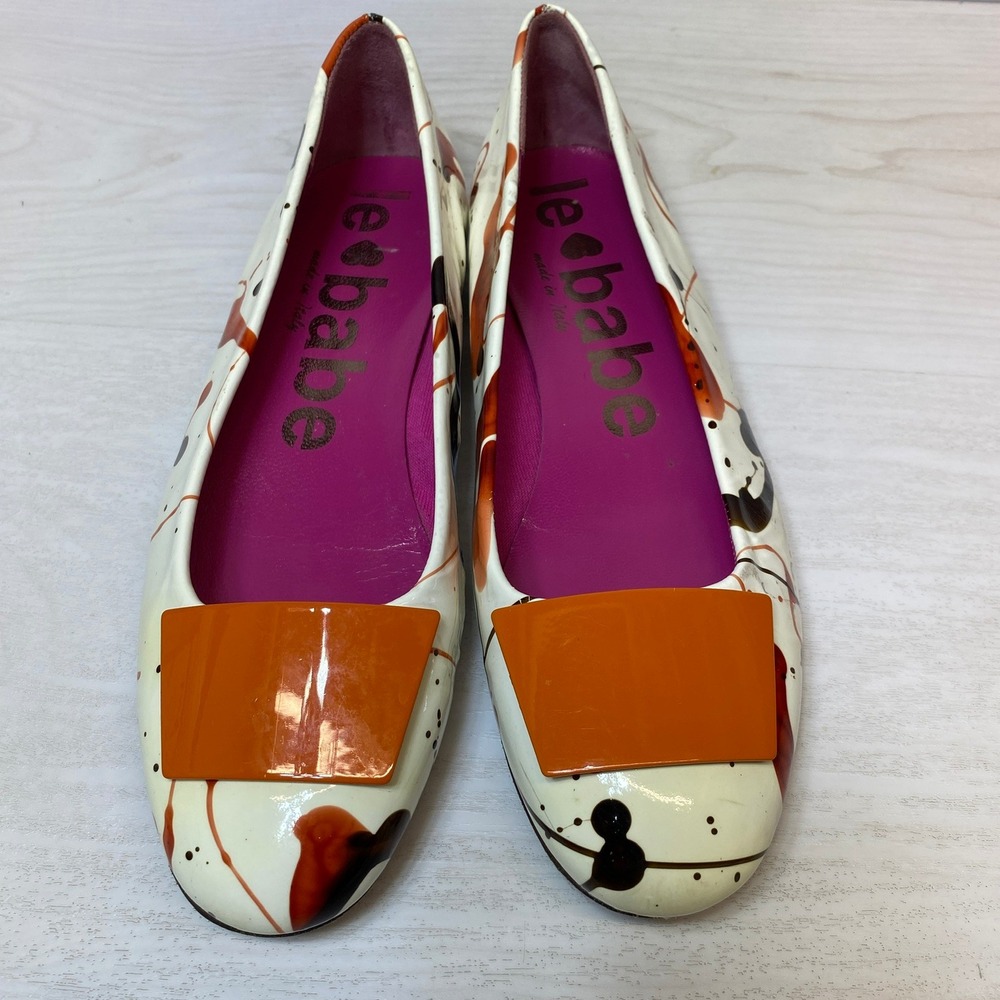 Le Babe Womens 40 Flats Paint Splatter Patent Leather Orange Buckle Italy Shoes